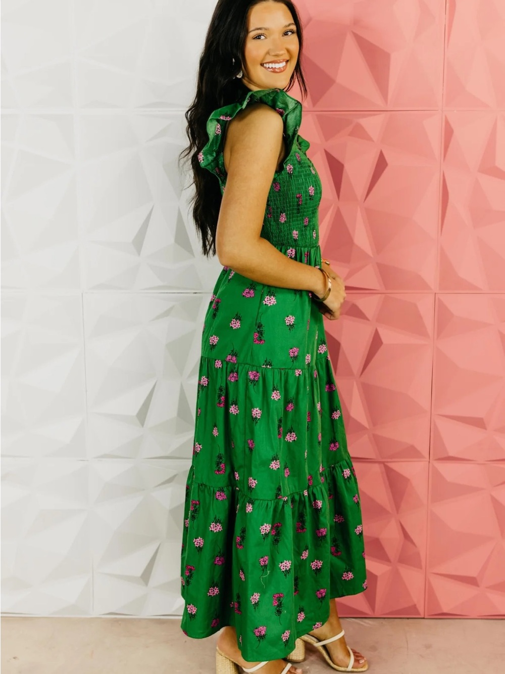 Green Floral Tiered Maxi Dress with Ruffle Sleeves